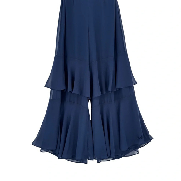 Fame & Partners NWT XS Jumpsuit Navy Tiered Ruffle Wide Leg V-Neck Open Back - Picture 4 of 11